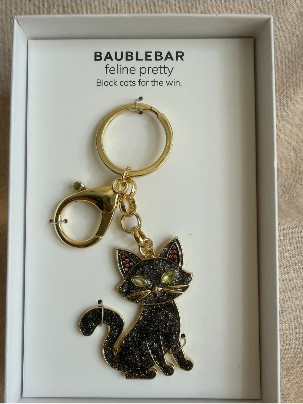NIB~ BaubleBar Black Glitter Cat Keychain/Bag Charm with Gold Hardware